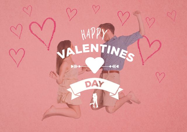 Celebrating love and affection, the image features a joyful couple jumping with Valentine's Day greetings surrounded by hearts. The playful vibe is perfect for romantic event promotions or personalized greeting cards.