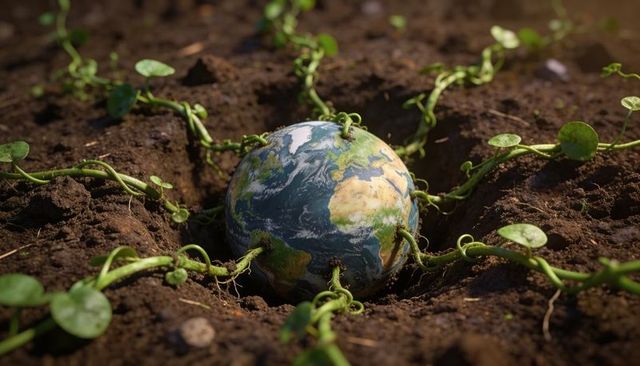 Earth globe entwined by green vines in fertile soil symbolizing regeneration and sustainability