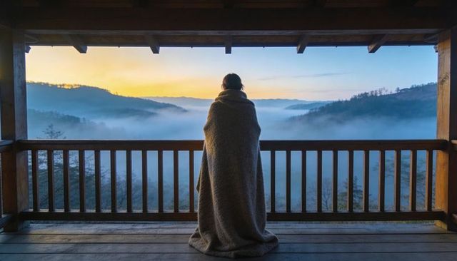 Solitary figure wrapped in blanket watching misty mountain sunrise from cabin balcony