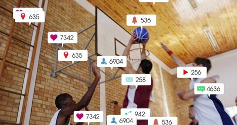High school basketball players jumping for dunk with social media engagement icons overlay