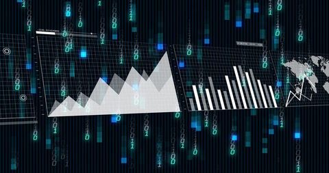 Floating Translucent Data Dashboards Streaming Binary Code with Area, Bar and Line Charts