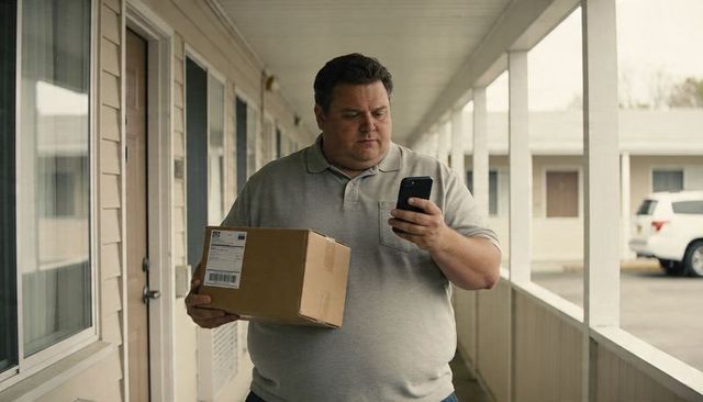 Delivery driver checking smartphone while carrying package on motel walkway