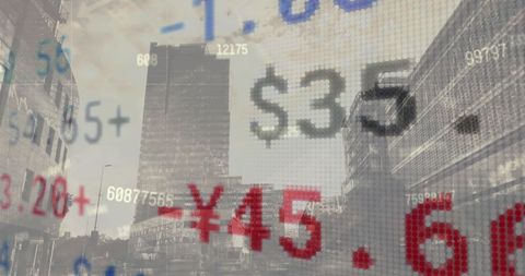 Financial data overlaying urban cityscape for global business concept