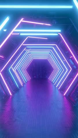 Moving through neon hexagon tunnel with pulsing LED strips futuristic vertical video