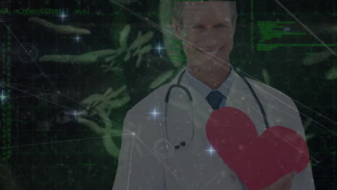 Doctor Holding Heart Icon with Data Overlay