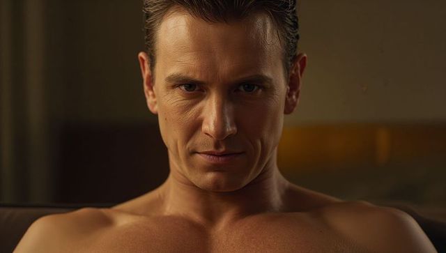 Shirtless muscular man staring into camera in warm bedroom light, intimate closeup portrait