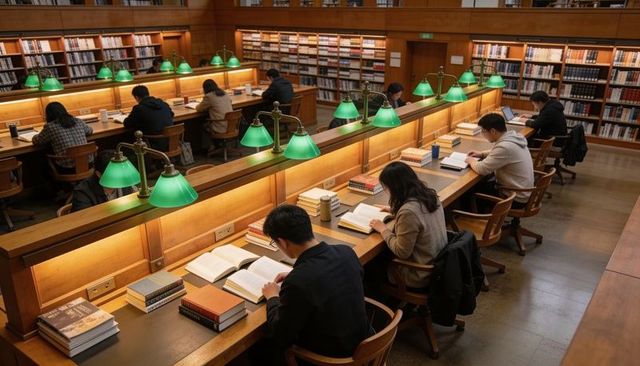 Students studying under green banker lamps in wood-paneled library reading room