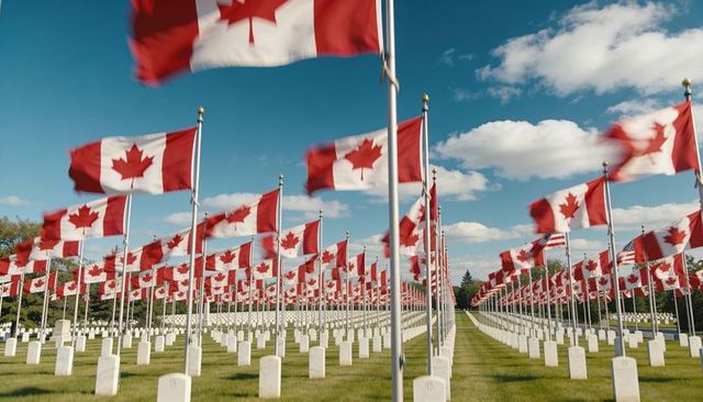 Waving canadian flags lining military cemetery rows creating symmetrical memorial pathway