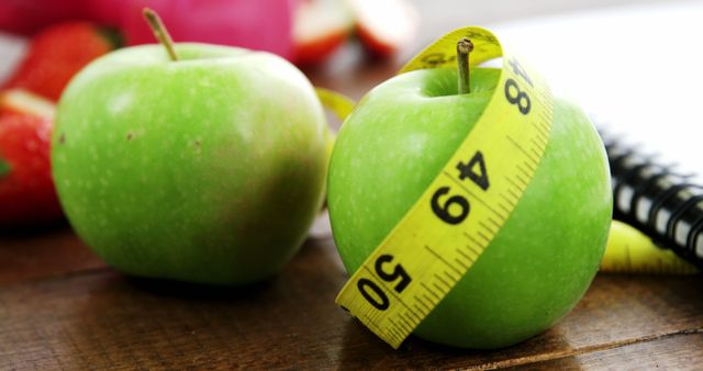 Perfect for promoting healthy eating lifestyles and diet programs. Suitable for articles on nutrition, fitness blogs, weight loss guides, and health magazines. The fresh green apples with measuring tape can symbolize diet control, balanced nutrition, and fitness goals.