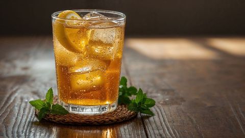 Sparkling Iced Tea with Lemon Wheel, Ice Cubes and Fresh Mint on Rustic Wooden Table