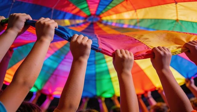 Children holding rainbow parachute together showing cooperative play, teamwork, celebration