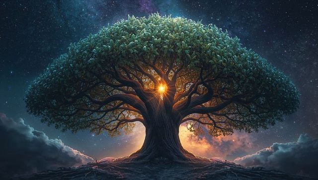 Monumental glowing tree with inner golden light beneath starry nebula and misty clouds