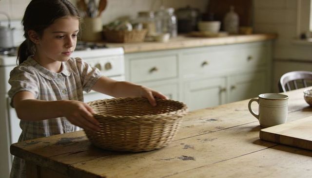 Girl placing wicker basket on worn farmhouse table in sunlit country kitchen