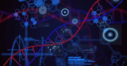 Neon DNA Double Helix Overlaying Futuristic Holographic Data Interface with HUD