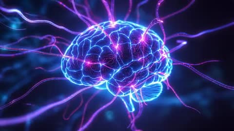 Pulsating Blue Brain with Magenta Filaments in Digital Space