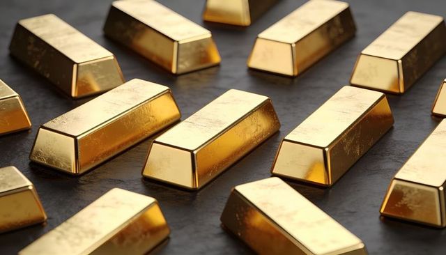 Shiny gold bullion bars lined on dark slate surface with soft reflections and light scuffs