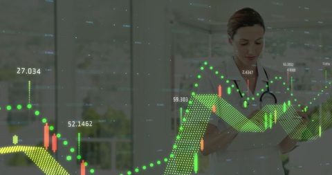 Female doctor analysing health data on tablet in modern clinic
