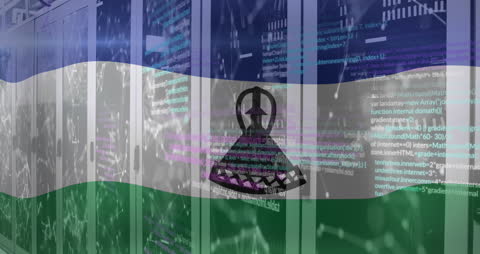Lesotho Flag Overlaid on Server Room with Code
