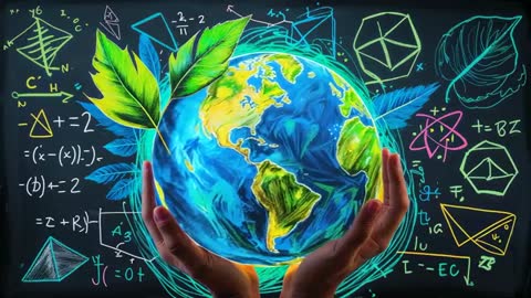 Hands Cradling Globe with Leaves on Chalkboard Background