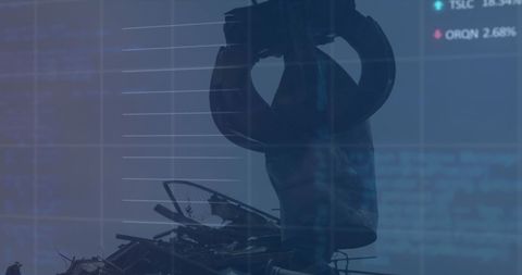 Financial data overlay on junkyard machines symbolizing market and recycling