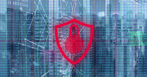 network security icon overlapped with cityscape in digital composite - Download Free Stock Images Pikwizard.com
