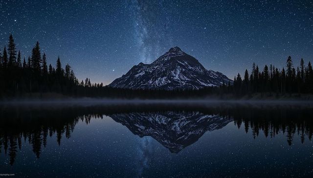 Mirroring snowy mountain summit in calm alpine lake under Milky Way and starry night sky