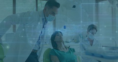 Dentist examining patient in modern clinic with futuristic hud overlay for healthtech diagnostics