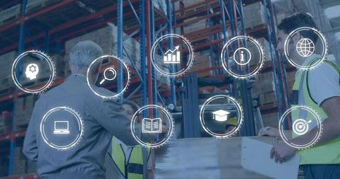 Warehouse team supervising digital inventory with tablet and forklift in distribution hub