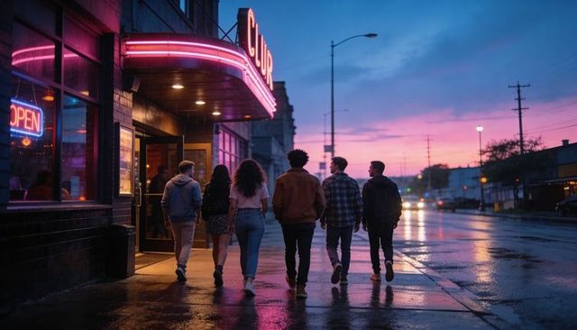 Friends walking under neon marquee at dusk, wet sidewalk reflecting colorful city lights