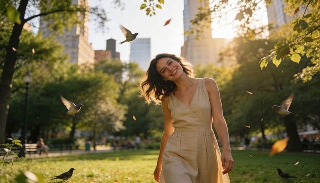 Smiling woman walking through sunlit city park during golden hour with birds flying