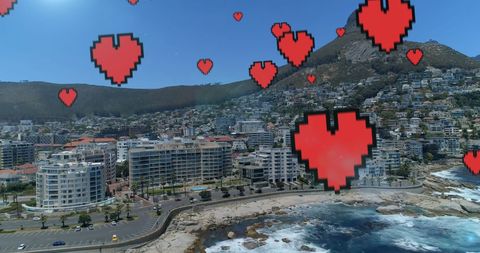 Cityscape with Digital Hearts Symbolizing Connectivity and Social Media