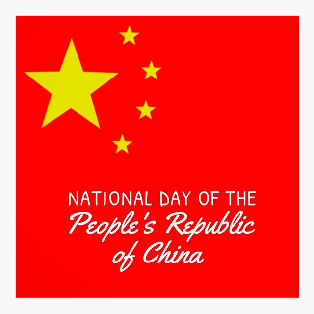 Graphic features prominent display of the Chinese national flag with iconic yellow stars on a red background, and text celebrating National Day of People's Republic of China. Ideal for commemorating Chinese National Day on October 1st, educational materials, cultural events, and patriotic celebrations.