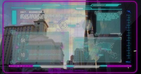 Holographic neon hud overlay dominating downtown street showing futuristic map pixel scan