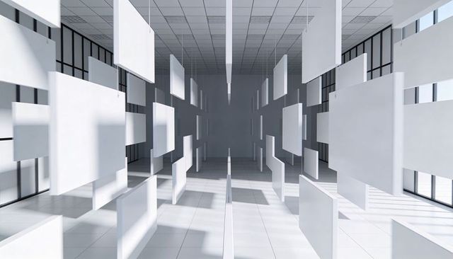 Suspended white panels forming symmetrical aisles with window shadows and glass facade