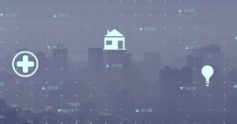 Digital interface with data icons over foggy cityscape