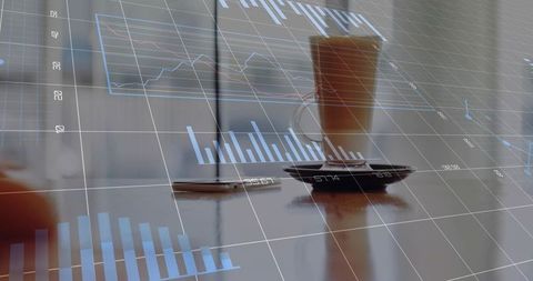 Business morning ritual with coffee and digital analytics overlay for remote work presentations