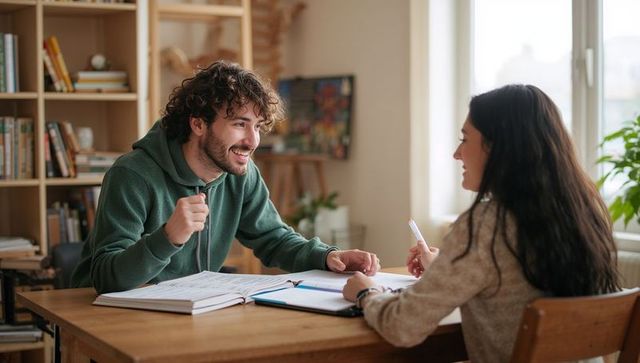 Young couple studying together at home, smiling and collaborating over notes and binder