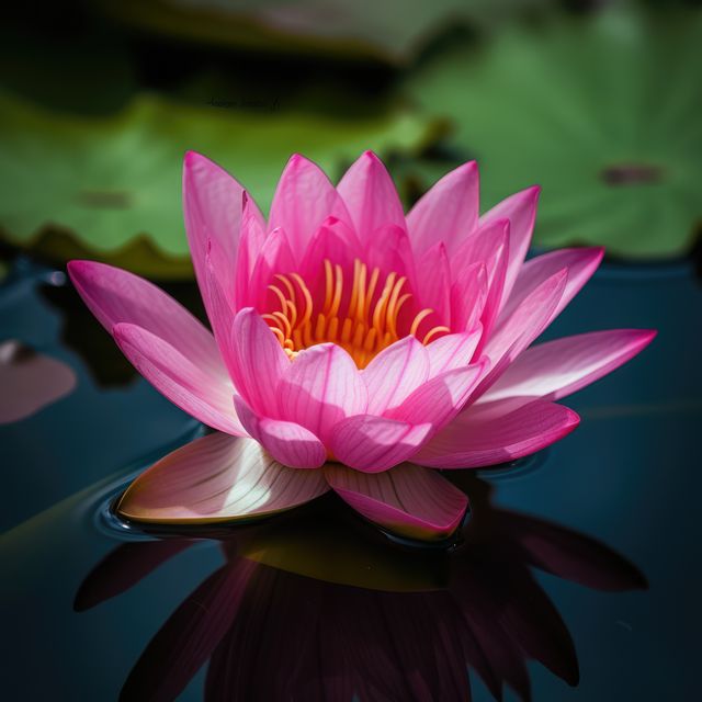 Vibrant pink lotus flower in full bloom floating peacefully on calm water, radiating serenity and natural beauty. Perfect for nature-themed projects, meditation and wellness spaces, environmental campaigns, and tranquil decor.