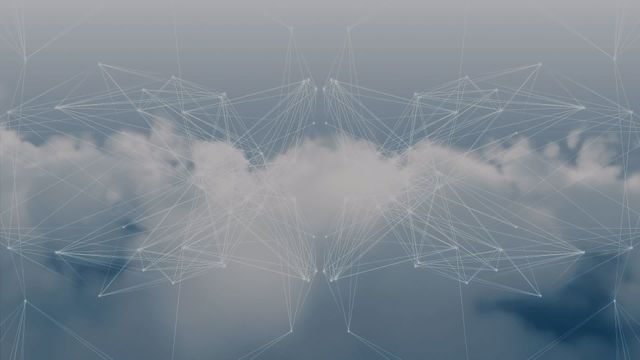 Futuristic illustration featuring a digital globe of network connections against a backdrop of clouds in a blue sky. This kind of video can be valuable for illustrating concepts such as global connectivity, cloud computing, data storage, and advancements in technology. Suitable for use in technology presentations, websites, blogs, and marketing materials emphasizing digital transformation and modern connectivity.