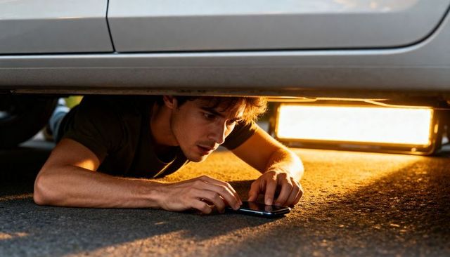 Young man reaching for smartphone under parked car during roadside inspection at dusk