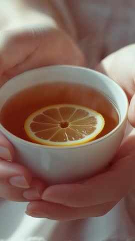 Female Hands Holding Warm Lemon Tea in Cozy Vertical Video for Calm Reflection