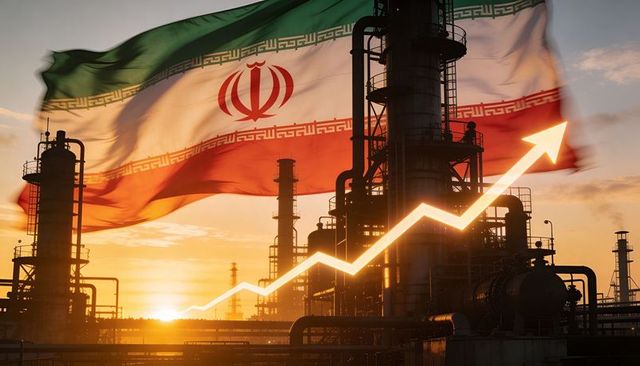 Iranian flag billowing over oil refinery with rising economic growth arrow at sunset