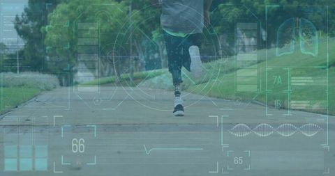 Athlete with Prosthetic Blade Running on Park Pathway with Biometric Displays