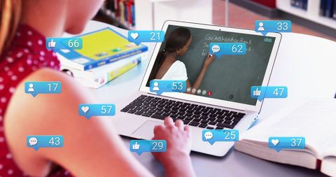 Woman Studying Online with Social Media Engagement Overlays - Download Free Stock Images Pikwizard.com