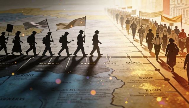 Silhouetted marchers crossing historical map timeline holding flags and banners