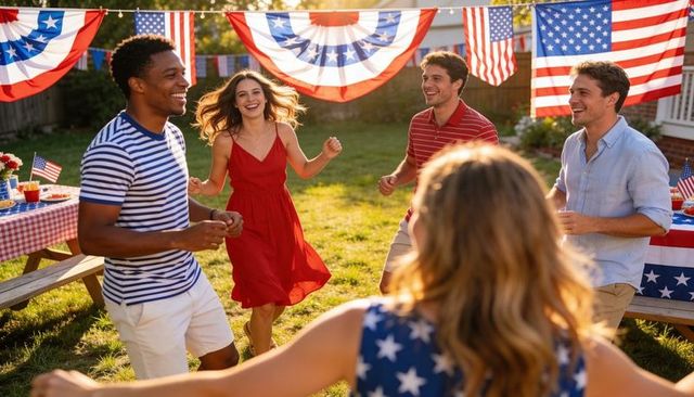 Dancing friends celebrating fourth of july backyard party with patriotic bunting