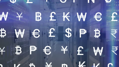 Digital Animation of global Currency Symbols over Computer Servers
