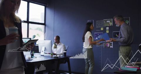 Financial Data Overlay in Busy Modern Office with Diverse Team Collaboration