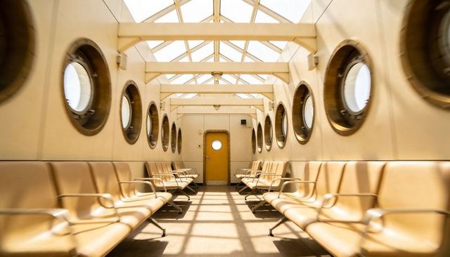 Sunlit ferry cabin with symmetrical beige bench seating, round portholes and yellow door