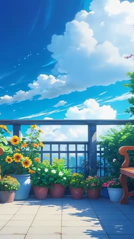 Drifting Clouds Over Balcony Terrace with Blooming Sunflowers — Vertical Summer Relaxation